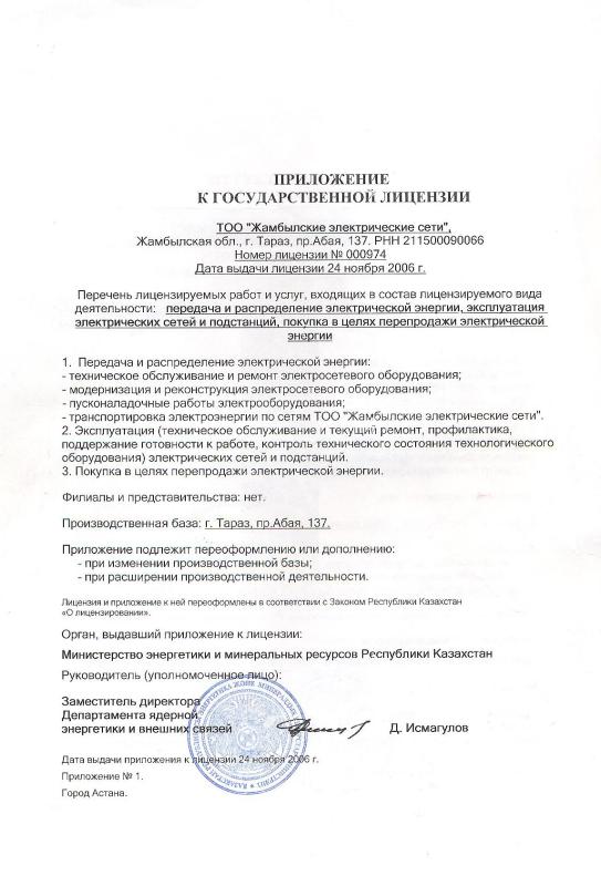 Приложение к государственной лицензии